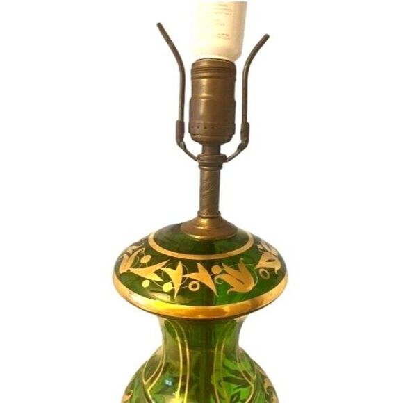 GORGEOUS Emerald Green Bohemian Glass Accent Lamp // White  Antique Victorian  Moser Bohemian emerald green gold floral glass table lamp